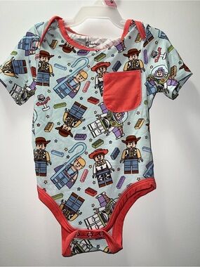 Kids Toy-Print One-Piece Bodysuit with Coral Trim